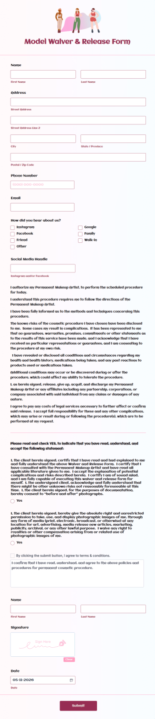 Model Waiver & Release Form Template