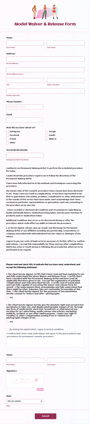 Model Waiver & Release Form Template