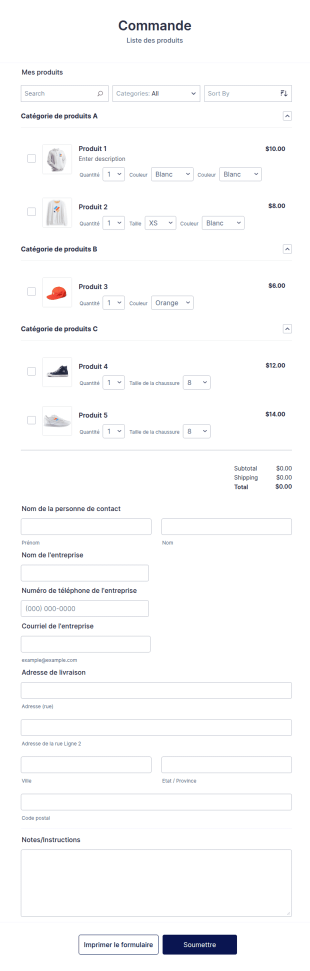 Modèle De Commande De Liste De Produits