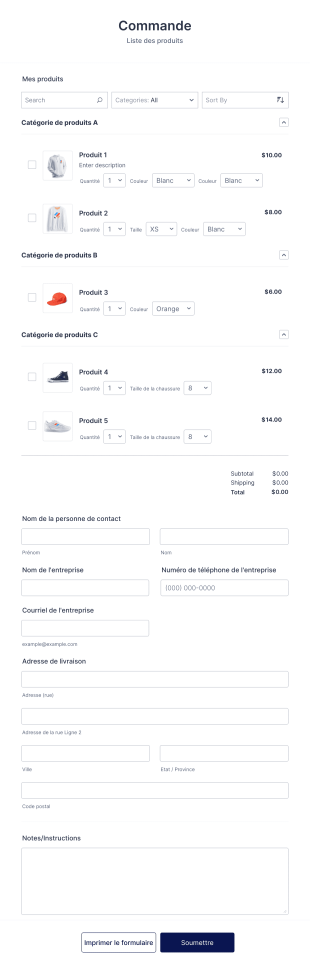 Modèle De Commande De Liste De Produits