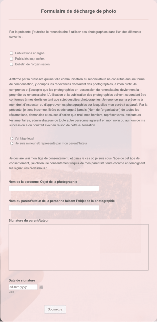 Modèle De Formulaire De Décharge De Photo Form Template