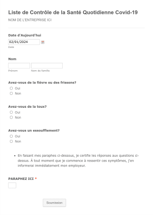 Modèle De Liste De Contrôle De La Santé Quotidienne Covid 19 Form Template