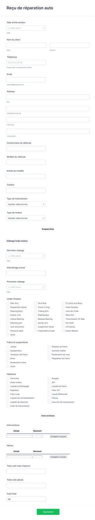 Modèle De Reçu D'entretien Auto Form Template