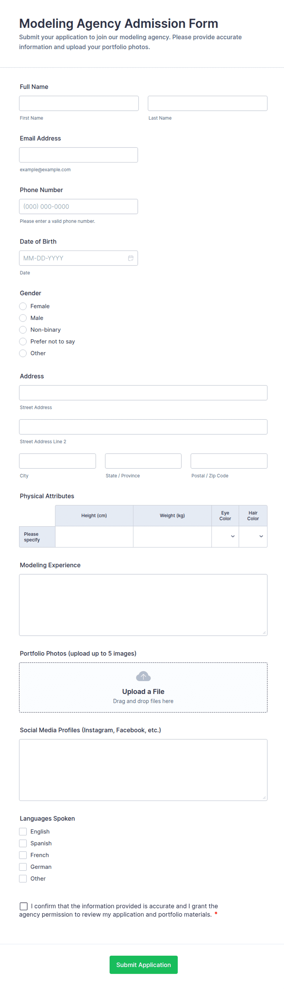 Modeling Agency Admission Form Template | Jotform