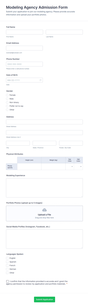 Modeling Agency Admission Form Template
