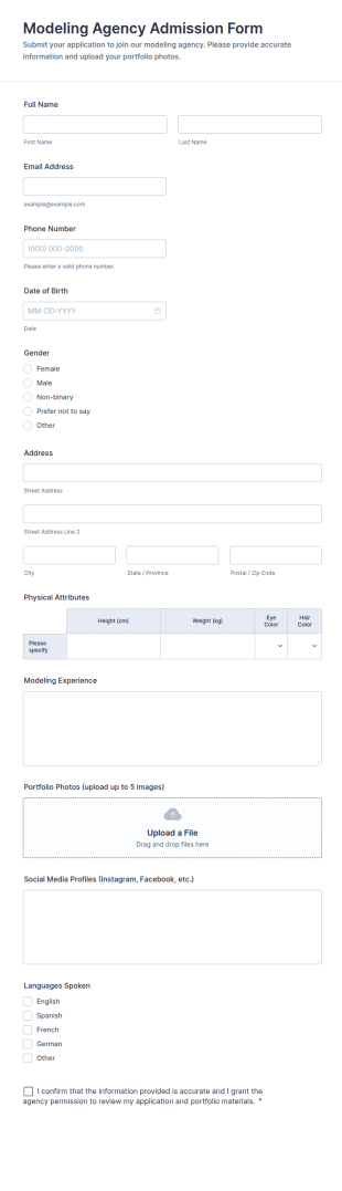 Modeling Agency Admission Form Template