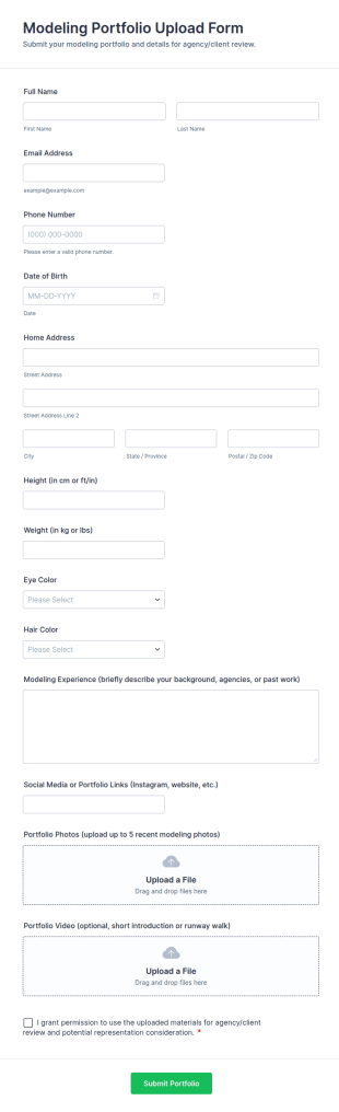 Modeling Portfolio Upload Form Template