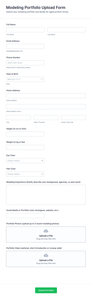 Modeling Portfolio Upload Form Template