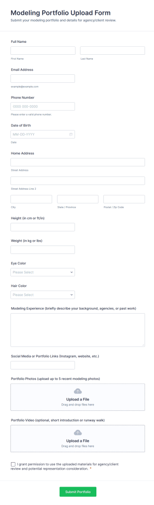 Modeling Portfolio Upload Form Template