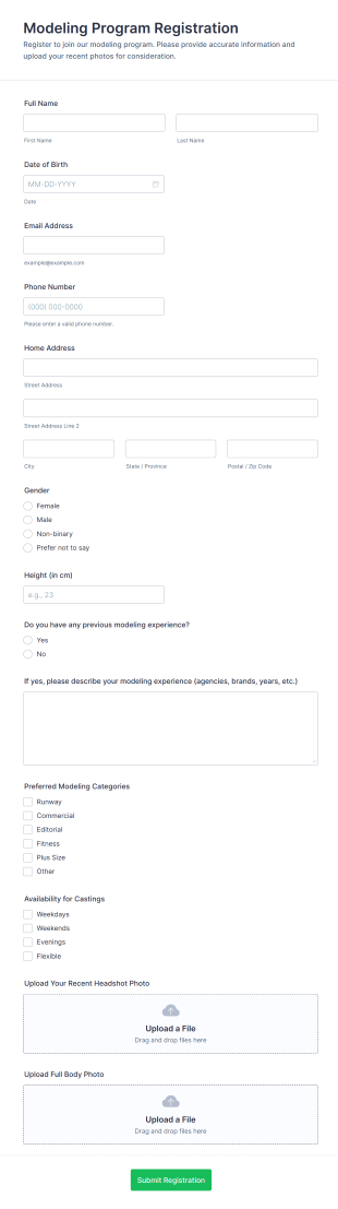 Modeling Program Registration Form Template