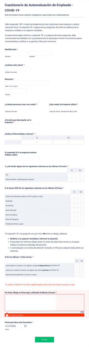 MODELO Cuestionario De Autoevaluación De Empleado COVID 19 Form Template