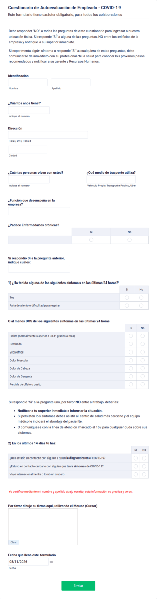 MODELO Cuestionario De Autoevaluación De Empleado COVID 19