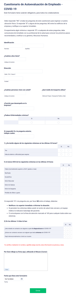 MODELO Cuestionario De Autoevaluación De Empleado COVID 19 Form Template