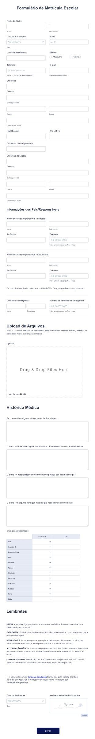 Modelo De Formulário De Matrícula Escolar Form Template