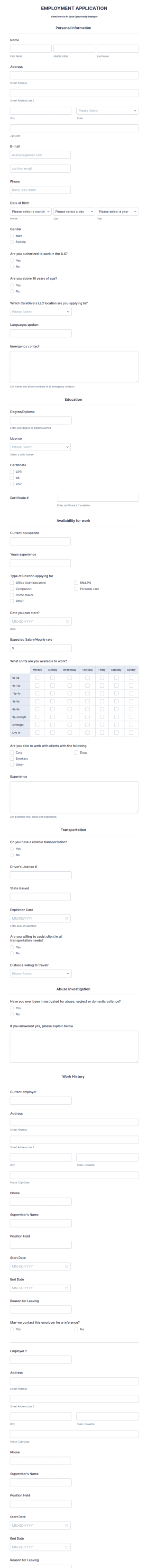 Modern Caregiver Job Application Form Template
