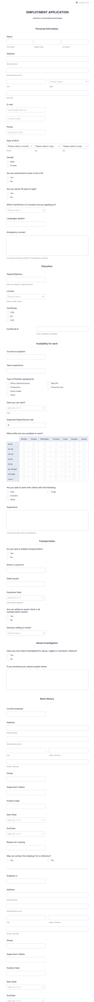 Modern Caregiver Job Application Form Template