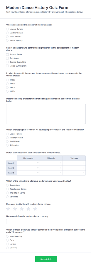 Modern Dance History Quiz Form Template