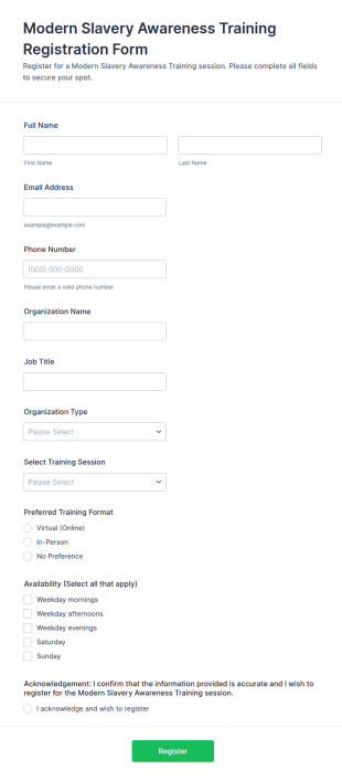 Modern Slavery Awareness Training Registration Form Template
