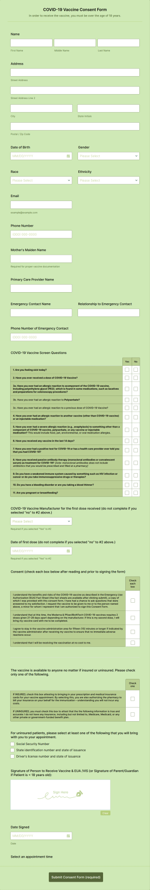 Moderna COVID 19 Vaccine Appointment Scheduling And Consent Form CPESN Form Template