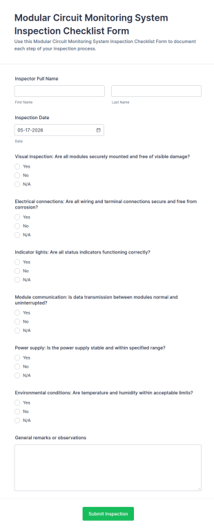 Modular Circuit Monitoring System Inspection Checklist Form Template