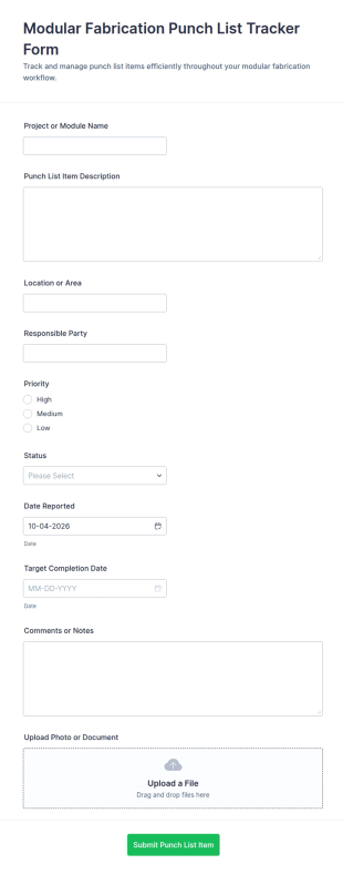 Modular Fabrication Punch List Tracker Form Template