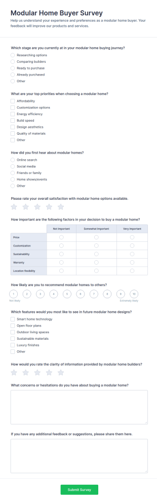 Modular Home Buyer Survey Form Template