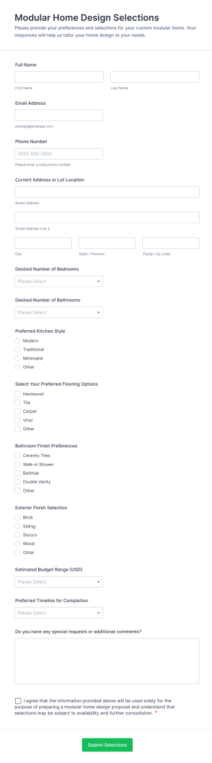 Modular Home Design Selections Form Template