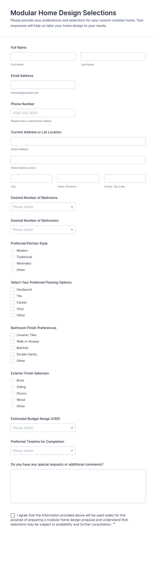 Modular Home Design Selections Form Template