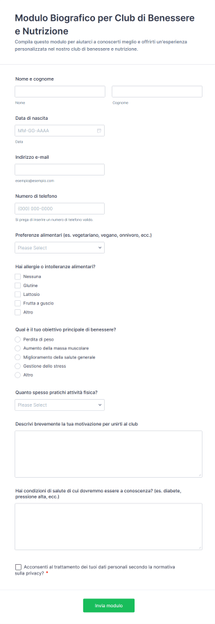 Modulo Biografico Per Club Di Benessere E Nutrizione