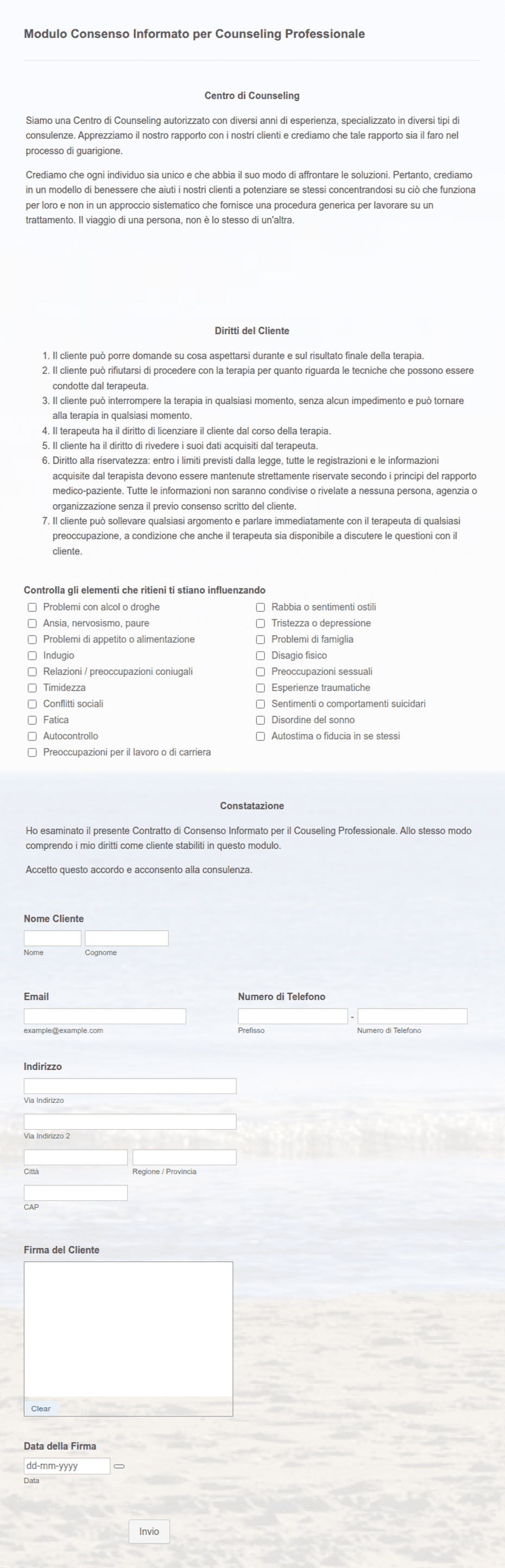 Modulo Consenso Informato per Counseling Professionale Template Modulo ...
