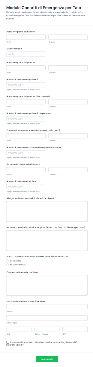Modulo Contatti Di Emergenza Per La Nanny