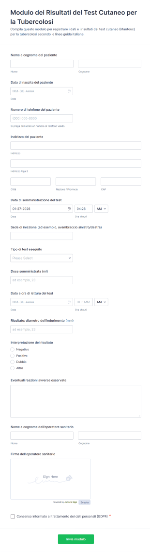 Modulo Dei Risultati Del Test Cutaneo Per La Tubercolosi | Jotform