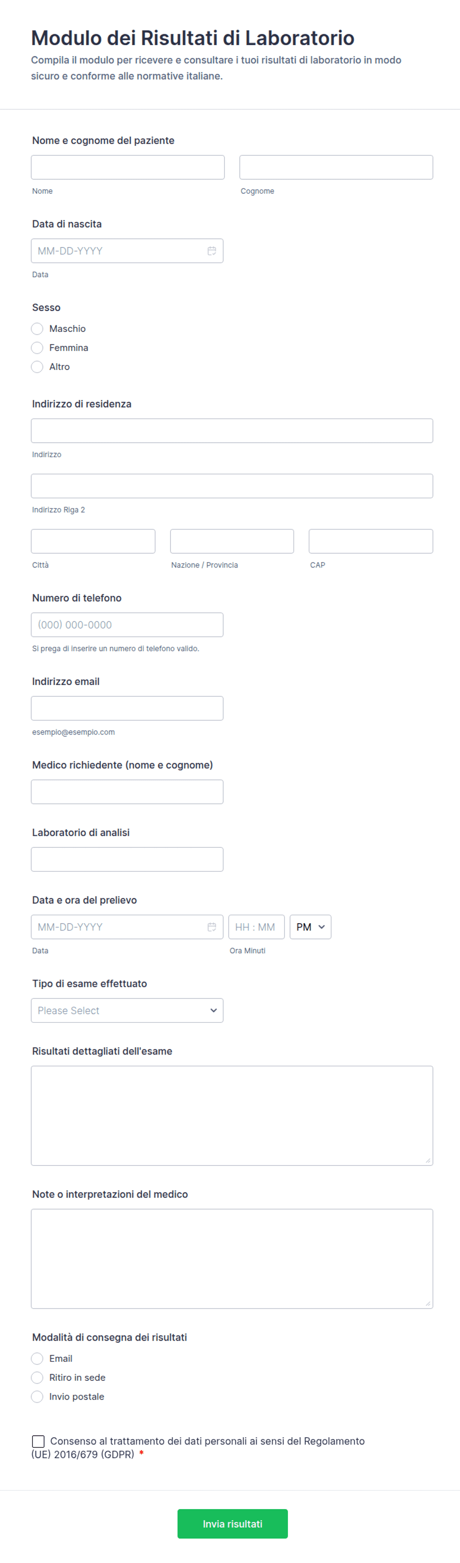 Modulo dei Risultati di Laboratorio | Jotform