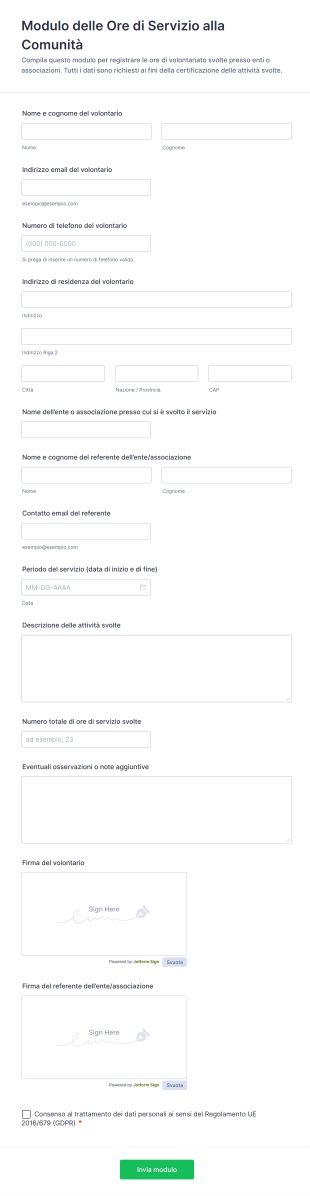 Modulo Delle Ore Di Servizio Alla Comunità | Jotform