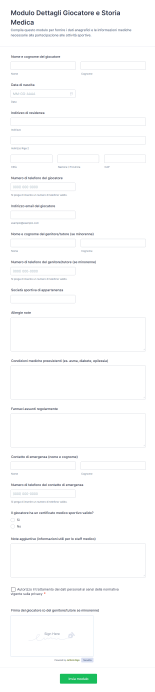 Modulo Dettagli Giocatore E Storia Medica