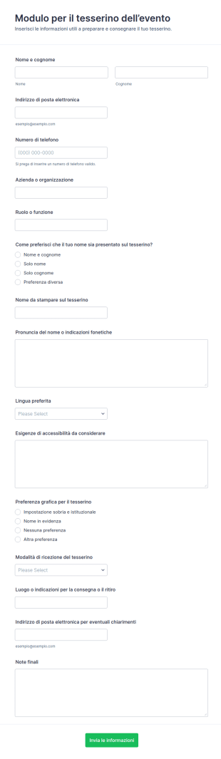 Modulo Dettagli Pass Per Eventi
