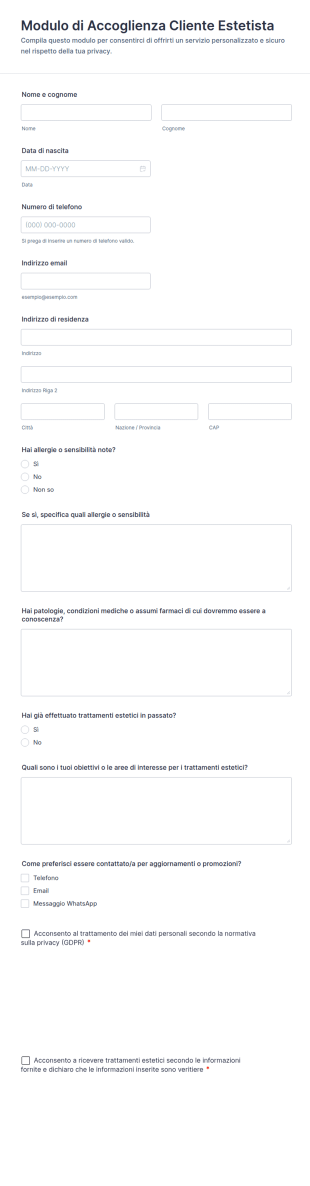 Modulo Di Accoglienza Cliente Estetista