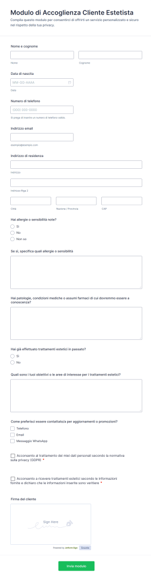 Modulo Di Accoglienza Cliente Estetista