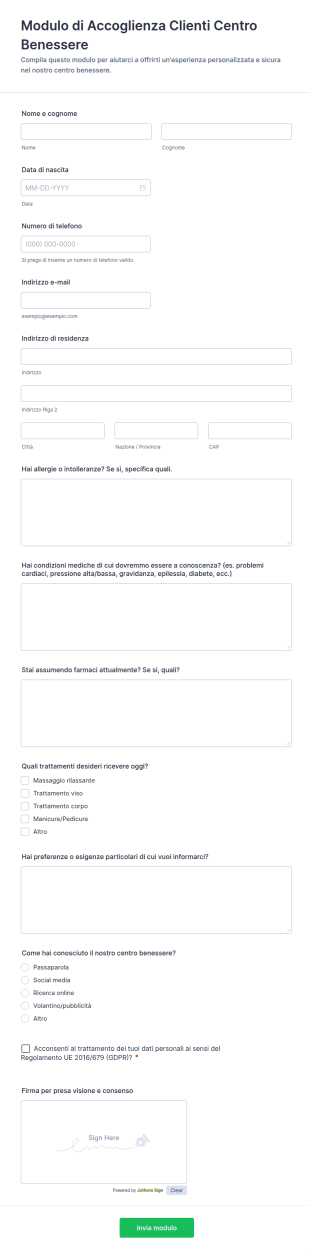Modulo Di Accoglienza Clienti Centro Benessere