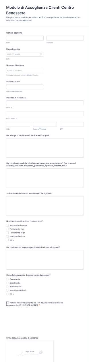Modulo Di Accoglienza Clienti Centro Benessere