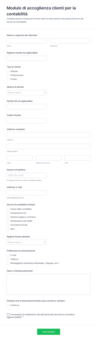 Modulo Di Accoglienza Clienti Per La Contabilità