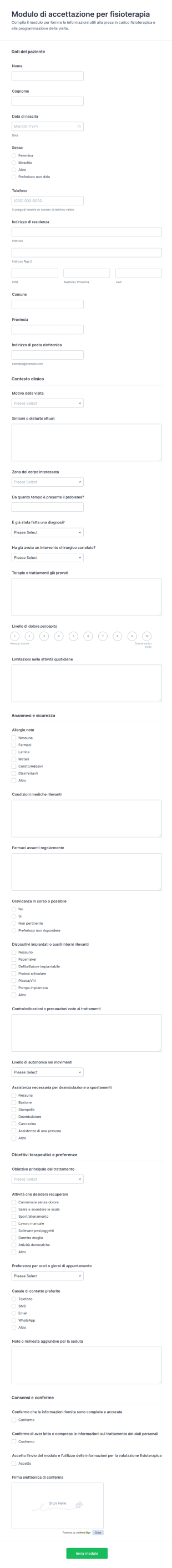 Modulo Di Accoglienza Fisioterapia
