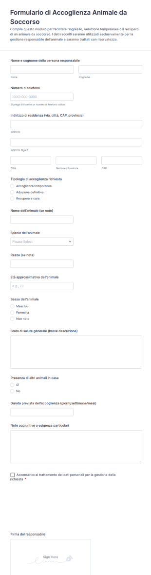 Modulo Di Accoglienza Per Animali Domestici