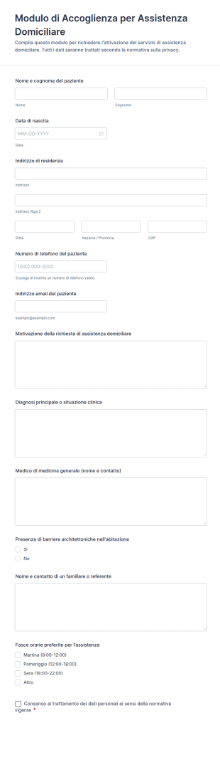 Modulo Di Accoglienza Per Assistenza Domiciliare