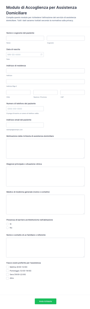 Modulo Di Accoglienza Per Assistenza Domiciliare