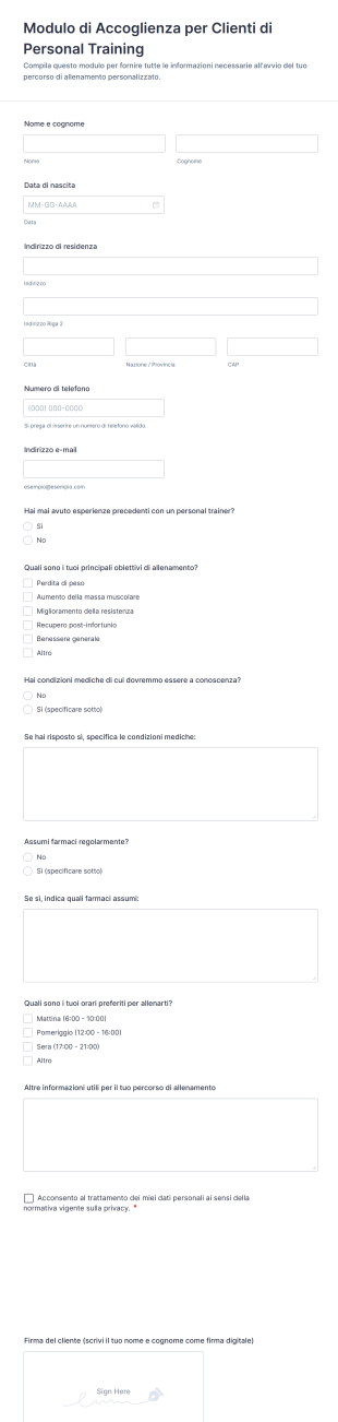 Modulo Di Accoglienza Per Clienti Di Personal Training