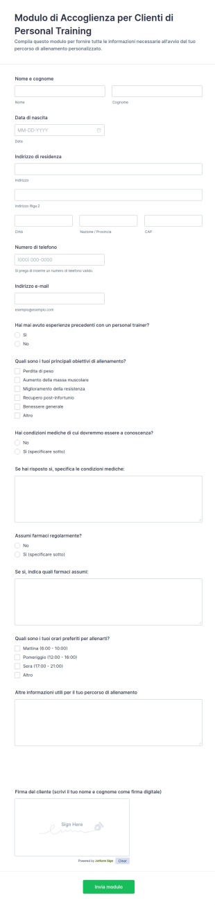 Modulo Di Accoglienza Per Clienti Di Personal Training