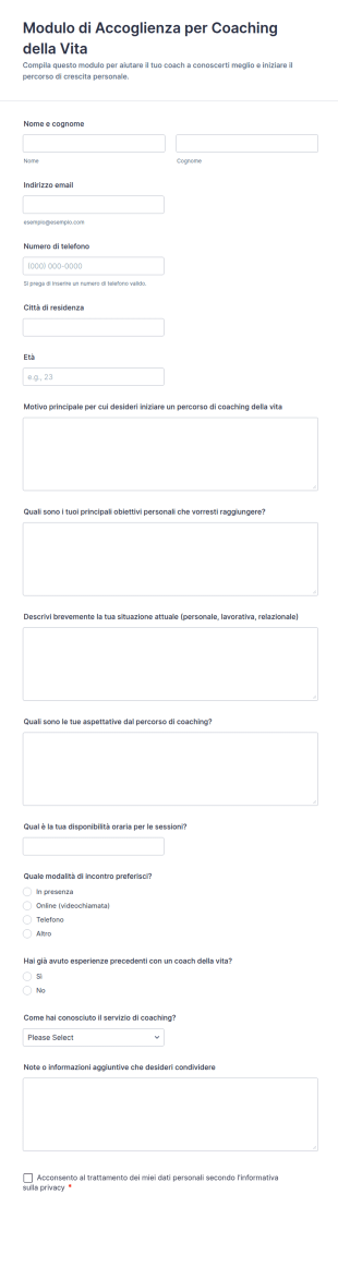 Modulo Di Accoglienza Per Coaching Della Vita