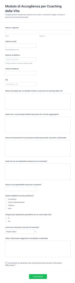 Modulo Di Accoglienza Per Coaching Della Vita