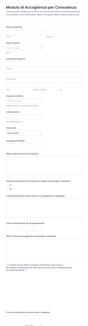 Modulo Di Accoglienza Per Consulenza
